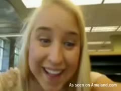 Hilarious buxom blondie flashes her boobies and masturbates in cafe